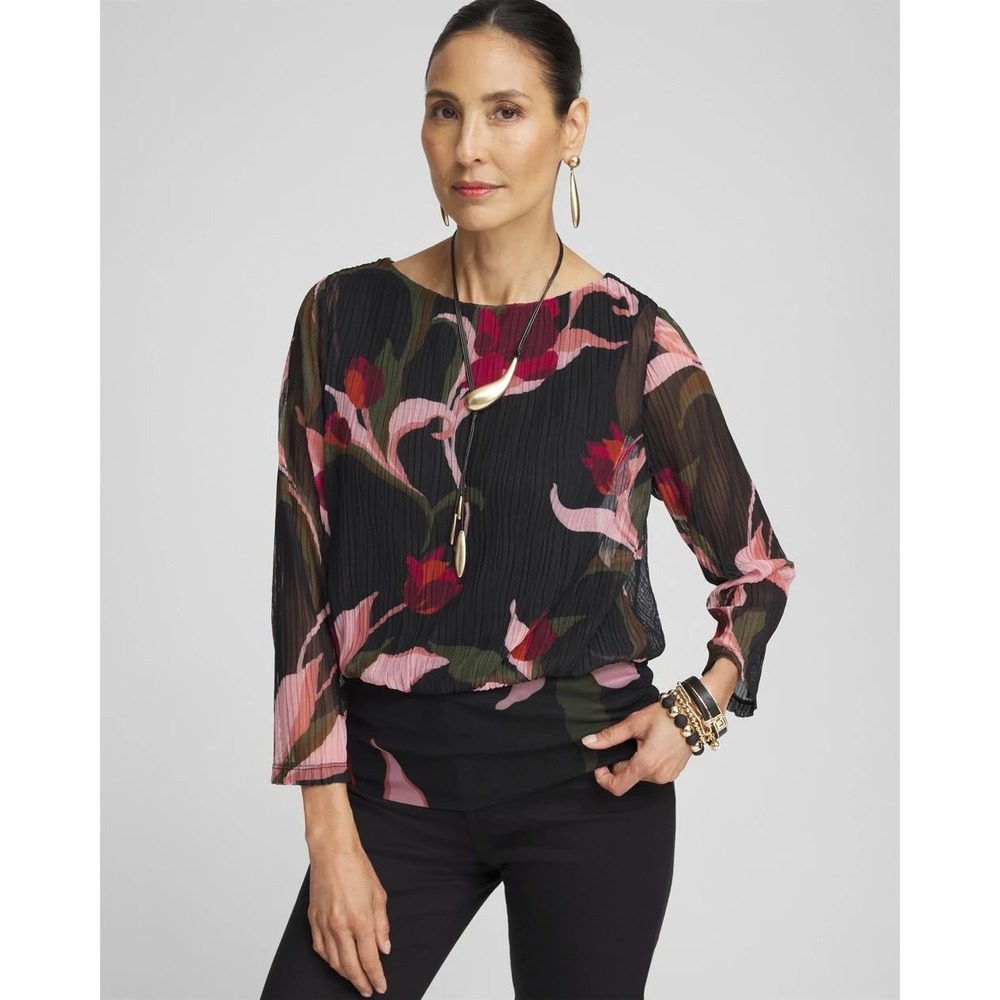 (B5) Chicos Textured Mesh Banded Hem Floral Blouse XXL Black Pink Pleated Top